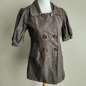 FINAL TOUCH Brown Cotton Jacket‎ Womens Small Blazer Linen-Look Balloon Sleeve